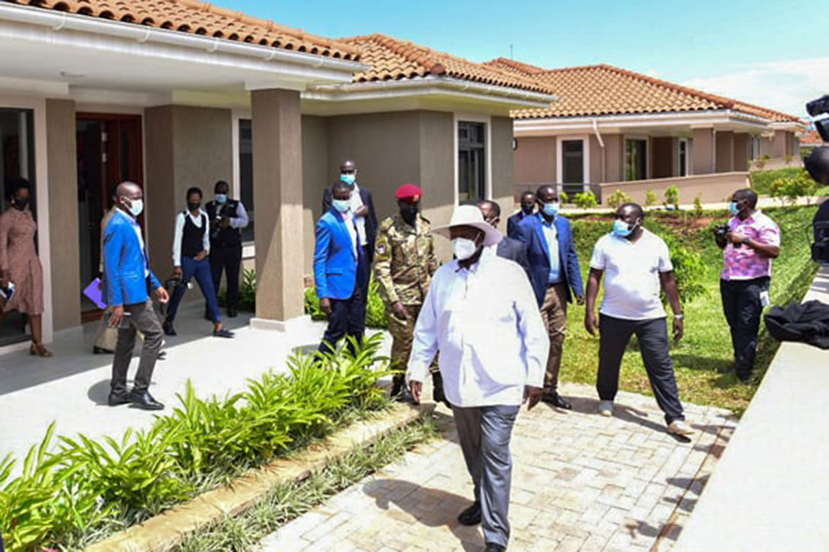 President Museveni (centre) inspects the NSSF housing project in Wakiso in September 2022.